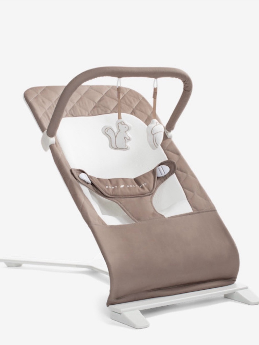 Baby Delight Brown Infant Bouncer with adjustable toy bar. 0-6mo.